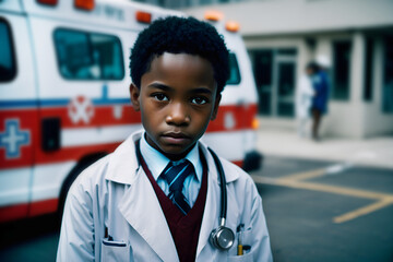 African american child wearing doctor clothes. Kid embracing future profession. Child in aspirational attire - obrazy, fototapety, plakaty