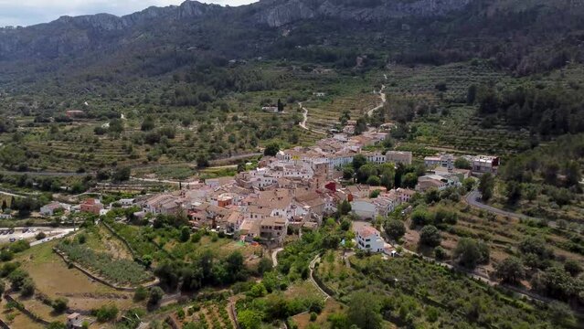 Flying over Benial&iacute;, a small town located in the Gallinera valley in the north Alicante, Spain. Traditional town of Valencian Community dedicated mainly to agriculture an known for its hiking trails