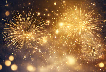  abstract gold glitter background with fireworks. christmas eve, new year and 4th of july holiday concept.