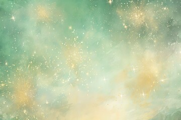 Small fantasy spring sparklers in gold, yellow over a pale green artistic background with bokeh. Tiny golden explosions celebrating the coming spring. Banner, card. - obrazy, fototapety, plakaty