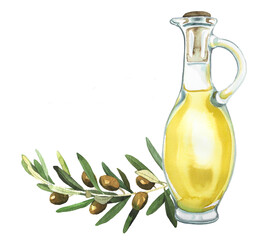 Olive oil bottle and a branch of olive tree. Watercolor olive oil clipart isolated on white. Italian food concept. Healthy food themed illustration. Olive oil branding.
