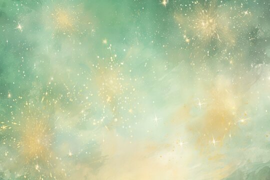 Small fantasy spring sparklers in gold, yellow over a pale green artistic background with bokeh. Tiny golden explosions celebrating the coming spring. Banner, card.