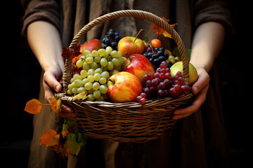 Woman holding basket with fruit close-up.
