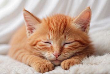 sleeping cat on a white bed