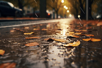 Rain falling on the ground close-up
