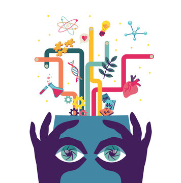 Scientific learning. Knowledge and curiosity. Vision, curiosity, discovery concept. Medical, botanical, physical and chimical studies.