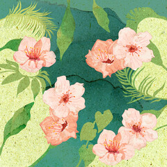 Ilustracja grafika motyw kwiatowy nasturcja liście jasne tło retro. - obrazy, fototapety, plakaty