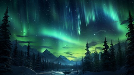 Celestial auroras dancing across a polar night sky