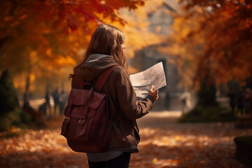 Tourist holding map in autumn