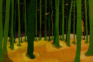 Ilustracja grafika drzewa las ptaki nocna pora zmierzch.