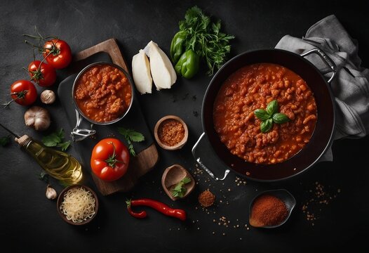 Classic italian bolognese sauce stewed in a pan with ingredients on black tile background top view