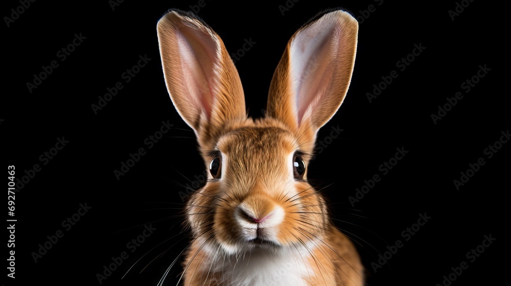 Poster rabbit head closeup isolated on black background with clipping path. generative ai