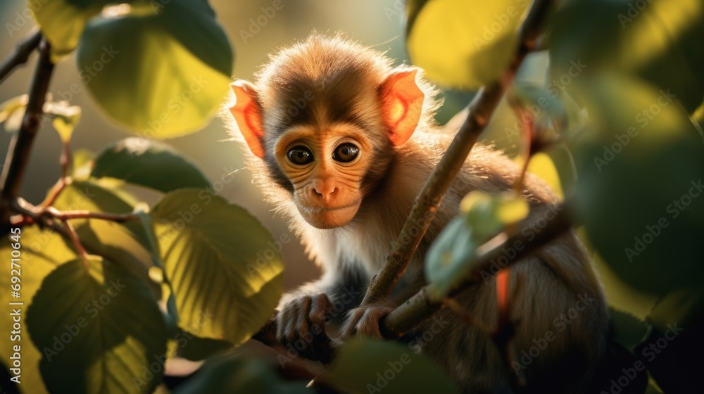 Poster cute little monkey sitting on a tree branch in the forest. generative ai