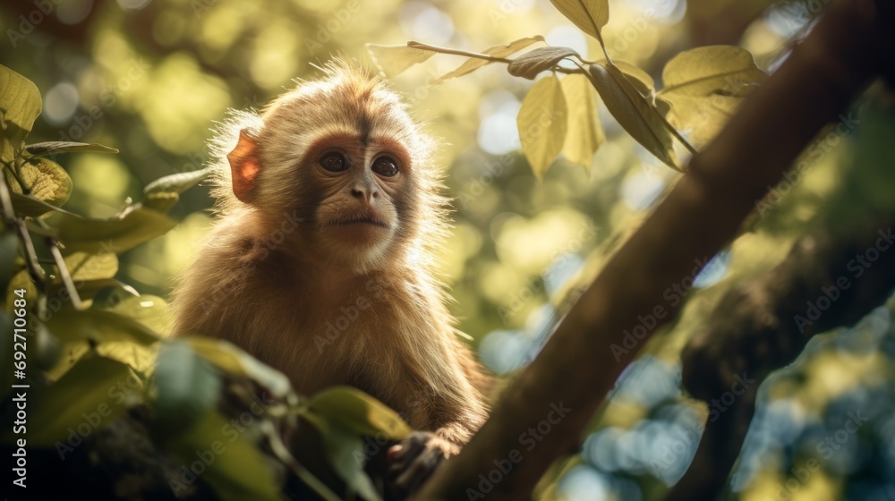 Poster portrait of a cute monkey sitting on a tree in the jungle generative ai