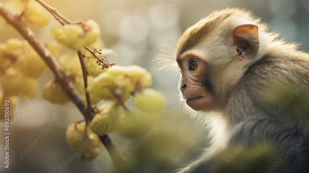 Poster monkey on a branch of a tree with yellow flowers in the background generative ai