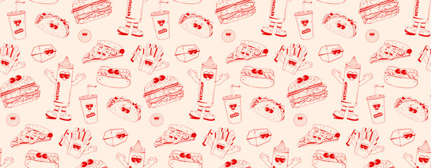 Fast food retro cartoon fast food seamless pattern. Comic characters of burger, fries, taco, hot dog for bar, cafe, restaurant.