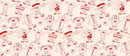 Fast food retro cartoon fast food seamless pattern. Comic characters of burger, fries, taco, hot dog for bar, cafe, restaurant.