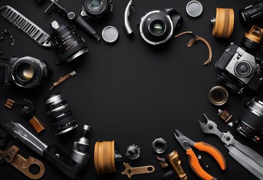 Set of tools over black background top view with space for text