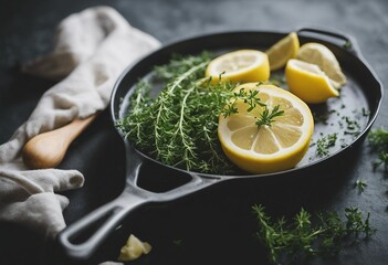With lemon and thyme in a pan top - obrazy, fototapety, plakaty