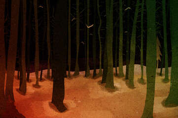 Ilustracja grafika drzewa ciemny las ptaki nocą. - 692711020