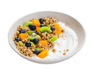 Yogurt with Granola, Kiwi, Blueberries, and Orange in a Bowl, Healthy Snack or Breakfast, White Background