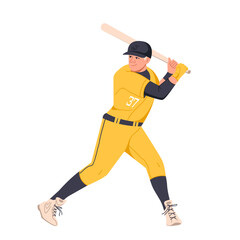 A male baseball player with a baseball bat on a white background. Sportsman. A team game, hitting the ball. An American sports game. Flat vector illustration