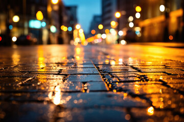 Night street with wet road and paving stones