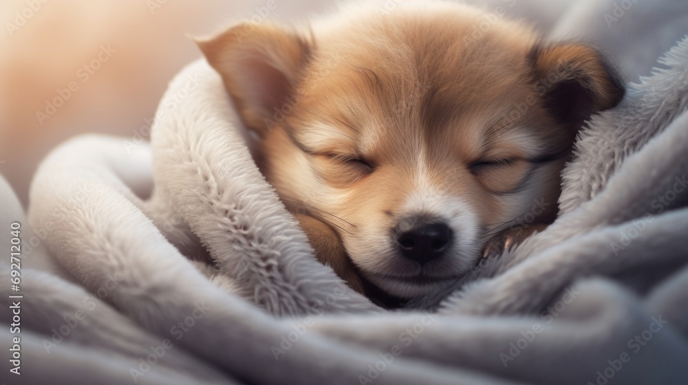 Poster Cute puppy sleeping under a soft blanket. Shallow depth of field. Generative AI