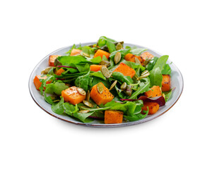 Pumpkin Salad with Arugula and Pumpkin Seeds, Salad Mix with Roasted Pumpkin, Fresh Vegan Autumn Salad, White Background