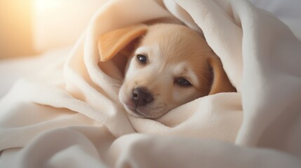 Cute Golden Retriever puppy under the white blanket on the bed. Generative AI