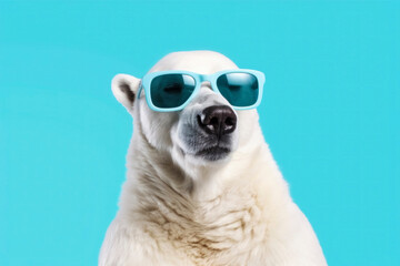 White polar bear in sunglasses against a stylish blue backdrop