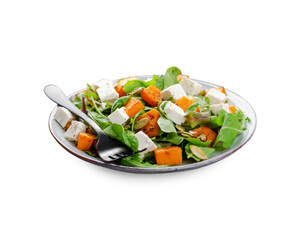 Pumpkin Salad with Arugula, Feta, and Pumpkin Seeds, Salad Mix with Roasted Pumpkin, Autumn Salad, White Background