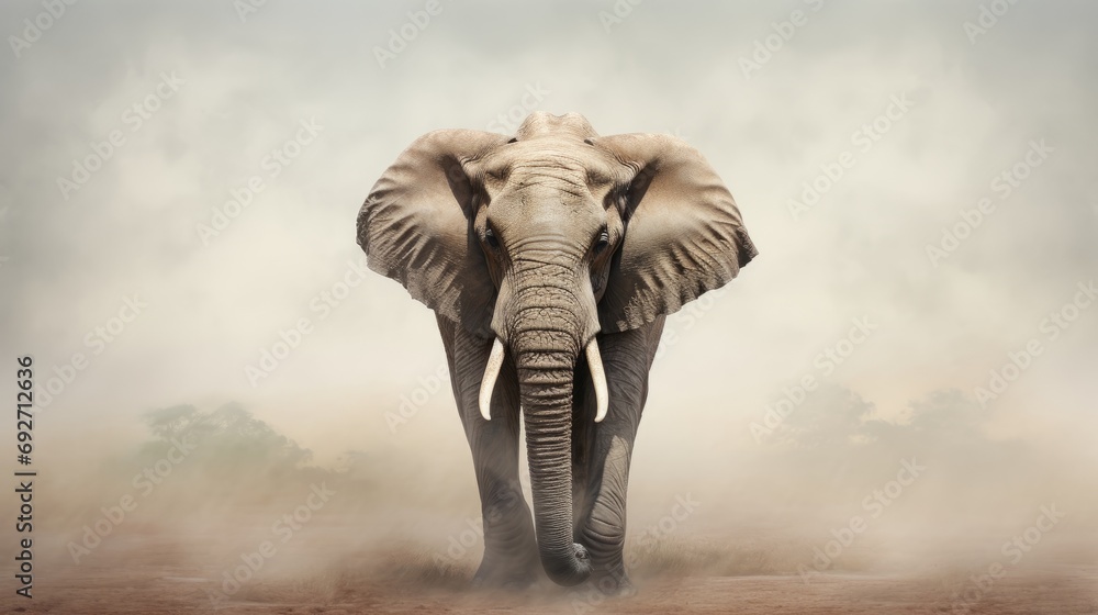 Poster Elephant in the desert with cloudy sky background, digital art style Generative AI