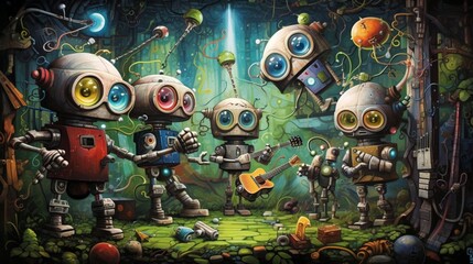 Playful and whimsical robots engaged in a lively dance within a vibrant illustration