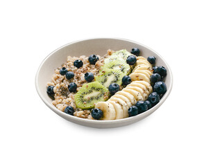 Oatmeal Bowl with Blueberry, Banana and Kiwi, Oat Porridge in a Bowl on White Background, Healthy Snack or Breakfast