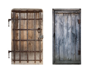 Old wooden closed door isolated on white background.