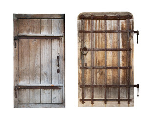 Old wooden closed door isolated on white background.