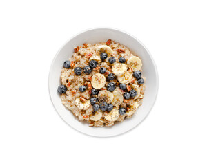 Oatmeal Bowl, Oat Porridge with Blueberry, Banana and Pecans in a Bowl on White Background, Healthy Snack or Breakfast