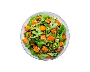Pumpkin Salad with Arugula and Pumpkin Seeds, Salad Mix with Roasted Pumpkin, Fresh Vegan Autumn Salad, White Background