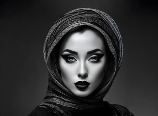 A mysterious brunette with evening makeup, with alluring bright eyes and lips painted with dark red lipstick. Her head and hair softly wrapped in a sheer silk headscarf in an Eastern style.