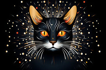 Majestic black cat with glowing starburst pattern - obrazy, fototapety, plakaty
