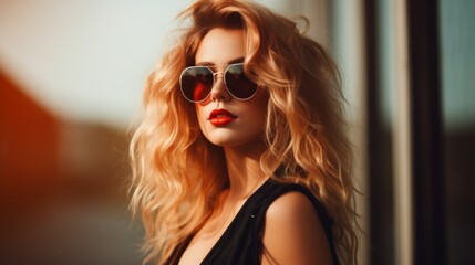 Fashion portrait of beautiful young woman with red lips wearing sunglasses. Generative AI