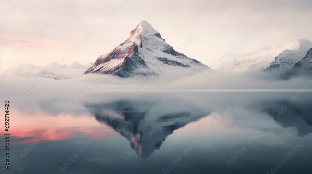 Poster mountains reflected in the water of the lake. 3d rendering generative ai