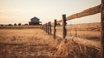 Wooden fence in a field with a barn in the background. Generative AI