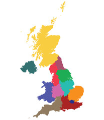 United Kingdom Regions map. Map of United Kingdom in administrative regions in multicolor