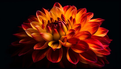 Vibrant colored flower head in macro, on black background generated by AI