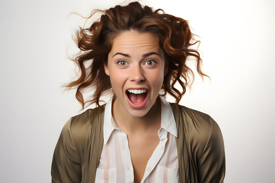 Surprised woman with tousled hair and an open mouth
