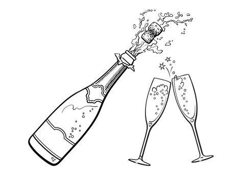 Popping bottle of champagne with cork flying out and two sparkling glasses Hand drawn vector illustration.