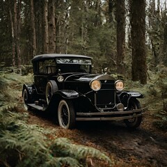 an old fashioned black car sits on a dirt path in a forest