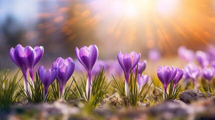 Crocus spring flower Growth In The summer with beautiful sunlight. Beautiful Floral wide panorama. Purple Crocus Iridaceae, spring background with bokeh wide angle - obrazy, fototapety, plakaty